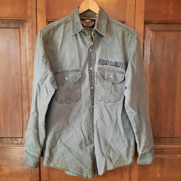 Vintage Harley-Davidson Motorcycle 100% Cotton Gray Embroidered Button Up Shirt - Picture 1 of 12